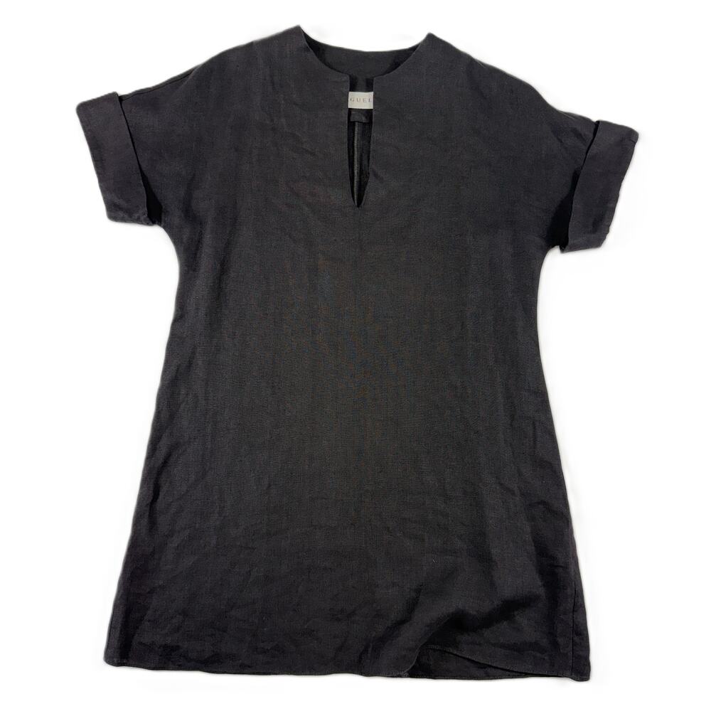 Aguel Black 100% Linen  Women Top Tunic Sz S Short Sleeve V Neck